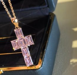 Brand Luxury Pendant Necklace Designer Top S925 Sterling Silver Pink Shinning Zircon Cross Charm Short Chain Choker For Women Jewelry Party Gift