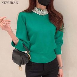 Women's Sweaters 2023 Autumn Winter Pearl Beading Pollover Sweater Green Korean Fashion Half High Collar Crop Knitted Jumper