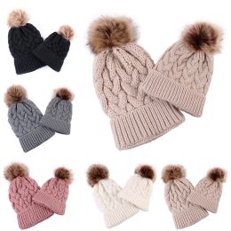 2PC Parent Child Pom Winter Hats Knitted Beanies Cap Mother Kids Fur Ball Beanie Hat Outdoor Ski Headwear M191E LL
