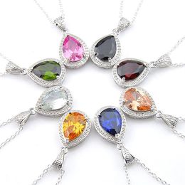 LUCKYSHINE Fashion Jewelry 8 Color 925 Silver Necklace Topaz Crystal Stone Women jewelry Water Drop Pendant Necklace 10 14 mm 220B