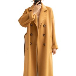 Women's Wool Blends Lafarvie Autumn And Winter Double-sided Cashmere Women's Camel Double-breasted Thickened Medium And Long Woollen Coat 231010