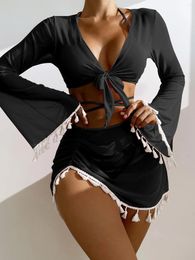 Women's Swimwear Sexy 4 Piece Bikini Set Push Up Women Bathing Suit Tassel Swimsuit With Drawsting Wrapped Swimdress Skirt Beachwear