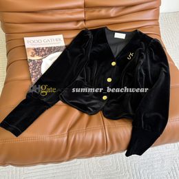 Chaqueta de terciopelo de invierno para mujer, ropa de abrigo a prueba de viento con cuello en V, abrigo negro con botones dorados, ropa de abrigo de manga larga para mujer