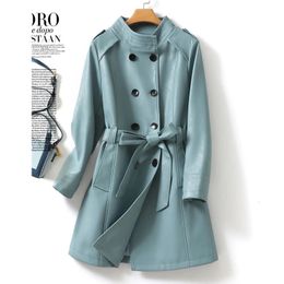 Womens Leather Faux Blue Real Trench Coat for Women Doublebreasted Laceup Belt Sheepskin Outwear Stand Collar Ladies Lambskin 231010