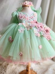 Graceful A Line Lace Flower Girl Dresses For Wedding green Toddler Pageant Gowns Tulle 2023 First holy Communion Dress Detachable Bow Ball Gown for Birthday Wedding