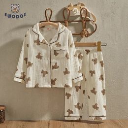 Pyjamas EWODOS 16 Years Toddler Baby Kids Unisex Casual Pyjama Suit Cartoon Bear Print Long Sleeve Front Pocket Lapel Tops Pants 231010