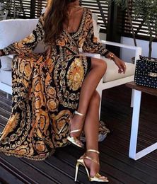 Casual Dresses POFGD 2023 Long Sleeve Deep V Dress Printed Lady Open Fork Floor Length Street Style Women