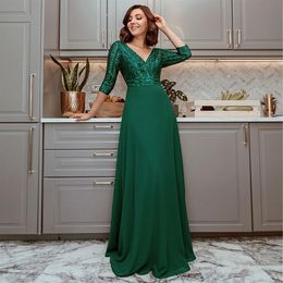 2020 new fashion maxi dresses sexy deep V-neck Sequined Wine Red green white 3 4 sleeve party dresses Banquet Host Evening Dress2585