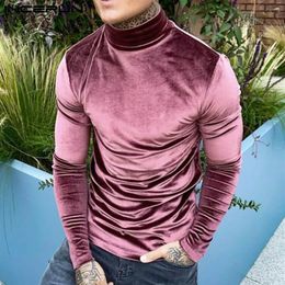 Men's T-Shirts INCERUN Fashion Men T Shirt Velour Solid Colour Turtleneck 2021 Long Sleeve Cosy Tee Tops Undershirts Streetwea280j