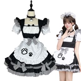 Classical Maid Cosplay Costumes Adult Women Lolita Cat Girl Black White Cute Dress Bowtie Necklet Bell Halloween Party