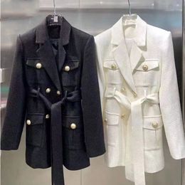 New Luxury Women Woolen Blazer Jacket V Neck Double Breasted Blazers with Belt Female Fashion Slim Formal Long Black White Office Lady Suit Coat