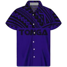 Men's Casual Shirts HYCOOL Tonga Tattoo Print Navy Blue Vintage Short Sleeve Men Shirt Button Up Oversize Hawaiian Beach Cust242G