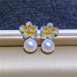 Stud Earrings TOP PERFECT 9-10mm SOUTH SEA WHITE ROUND PEARL S925 Sterling Silver Flower