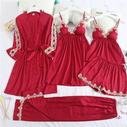 Women's Sleepwear Hollow Out Satin Women 5PCS Robe Set Sexy Nightdress Kimono Gown Lace Pajamas Intimate Lingerie Nighty&Robe Suit