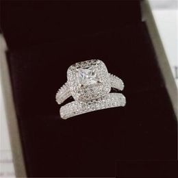 Wedding Rings Vecalon 188Pcs Topaz Simated Diamond Cz 14Kt White Gold Filled 3-In-1 Engagement Wedding Band Ring Set For Women Sz 5-11 Dhrpl