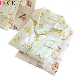 Women's Sleepwear Cotton Gauze For Women Homewear Pajama Suit Casual Floral Printed 2Pcs Turn Down Collar Nightwear Ladies Pijamas Mujer