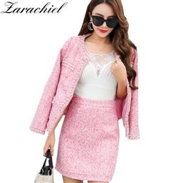 Zarachiel Winter Women Wool Tweed Thick 2 Piece Set Ladies Pearl Cardigan Fringed Trim Pocket Jacket Coat Pencil Mini Skirt Suit 2187P