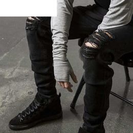 Men's Jeans Fashion Male Straight Slim Fit Biker Pants Distressed Skinny Ripped Destroyed Denim Washed Hip hop Trousers Black2470