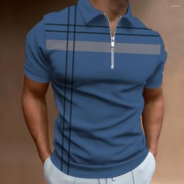 Men's Polos Fashion Business Stripe Print Zipper Polo Shirt Summer Short Sleeve T-Shirt Line Tops Casual Oversized Clothing