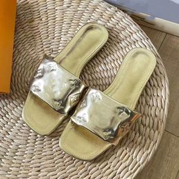 luxury Shake Flat Mule sandal Gold Metallic lambskin designer woman ladies flat slippers summer outside lady slide shinny Leather high heel shoe 03