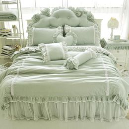 Bedding Sets Green Lace Embroidery Set Korean Style Princess Ruffle Cotton Duvet Cover Bedspread Bed Skirt Pillowcases Luxury