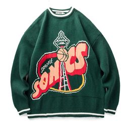 Men's Sweaters Vintage Knitted Sweater Men Green Letter Print Striped Pullover Women Harajuku College Style Jumpers Streetwear Spring Autumn 231010