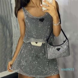 Shiny Rhinestone Mesh Vest Dresses With Base Skirt Designer Brand Ladies Party Night Club Silver Dress336q