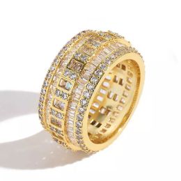 12mm Wide Round Rectangle Cubic Zirconia Mens Ring Hip Hop Mens Finger Rings Personalized 18k Real Gold Plated Iced Out CZ Stone Jewelry Bijoux For Men Gifts
