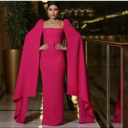 Elegant Long Evening Dresses Square Collar Crepe with Cape Sheath Floor Length Party Gowns for Women