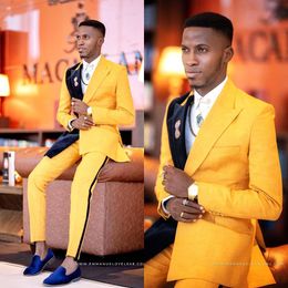 Yellow And Black Wedding Tuxedos Slim Fit Mens Suits 2 Pieces Sets Peaked Lapel Blazers One Button Formal Suit With Jacket And Pants