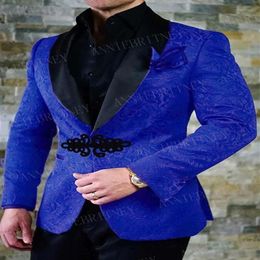 ANNIEBRITNEY New Royal Blue Men Suit Slim Fit Tuxedo Groom Suit Set Wedding Prom Blazer with Black Chinese Knot Buckle Pant 2Pcs1256I