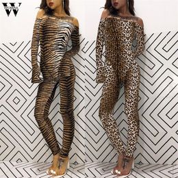 Woman Jumpsuit Women autumn jumpsuit tiger leopard print off shoulder sexy long sleeve bodycon streetwear Skinny Bodysuit236e