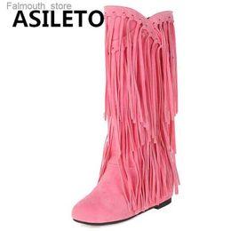 Boots ASILETO Women Boots 24cm Round Toe Increased Heel 3cm Slip-on Flock Leather Tassels Big Size 34-43 Fashion Dating Shoes S4217 Q231010
