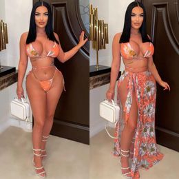 Women's Swimwear Echoine 3 Piece Set Beach Swimsuit Floral Print Lace Up Bandage Bikini Cover Skirt Summer Sexy Women Bathing