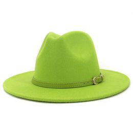 Fashion Lime Green Belt Buckle Decor Artificial Wool Felt Jazz Fedora Hats Women Men Flat Large Brim Panama Cowboy Cap L XL270i