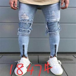 Jeans Men Slim Elastic Skinny Jeans Stretch Ripped Holes Zipper Motorcycle Denim Pants Streetwear315I