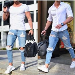 Men's Jeans Mens Blue Denim Ripped Slim Fit Tight Light Color Hole Male Skinny Pencil Pants Casual Trousers With Zippers2973