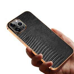 Luxury Genuine Leather Plating Vogue Phone Case for iPhone 15 Plus 14 13 12 11 Pro Max XR XS Sturdy Full Protective Lizard Pattern Cowhide Back Cover Shockproof