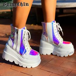 Boots Women Ankle Boots Zip Laser Flat Chunky Heel Wedge Platform Female Pumps Ladies Round Toe Lolita Punk Cool Girl Harajuku Shoes 231009