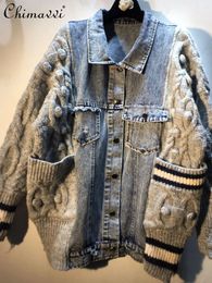 Women's Jackets European Autumn Fashion Wash Denim Stitching Thick Thread Twisted Woollen Yarn Coat Loose Slim Long Sleeves Cardigan Jacket Women 231010