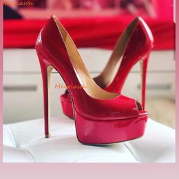 Dress Shoes Sexy NightClub Platform High Heels Fashion Red Patent Leather Peep Toe Solid Colour Stiletto Plus Size 44 Women Pumps