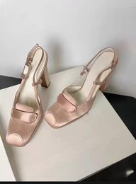 Dress Shoes Pink Silk Middle-aged Chunky Mary Jane High-heeled Women's 2023 French Style Retro Buckle Sandals