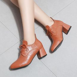 Dress Shoes Comfort Square Heel Office Ladies 2023 Spring Fashion Lace Up Women's Pumps British Style Female Leather Zapatos