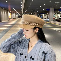 Berets Retro PU Leather Chain Women's Autumn Winter Hats Octagonal Cap For Women Casual Wool Hat British Beret Painter Caps