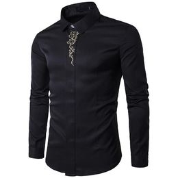 Men's Casual Shirts Black Print Luxury Dress 2021 Men Tuxedo Shirt Slim Fit Wedding Party Prom205S