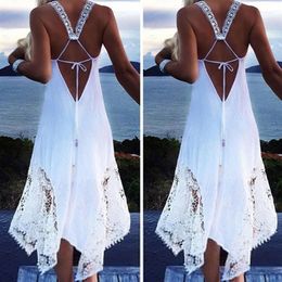 Casual Dresses 2022 Boho Hollow Long Dress Women Backless Halter Beach White Black O Neck Sleeveless Midi Vestidos Ladies 5XL263v