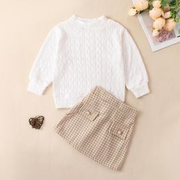 Clothing Sets FOCUSNORM 3-8Y Fashion Little Girls Autumn Clothes 2pcs Knit Long Sleeve Pullover Sweater Tops Plaid Print A-Line Skirts