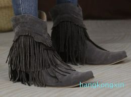 Toe Fringe Shoes Flock Warm Wide Fitting Wedges Heels 4cm Blue Yellow Comfortable Botas Zapatos