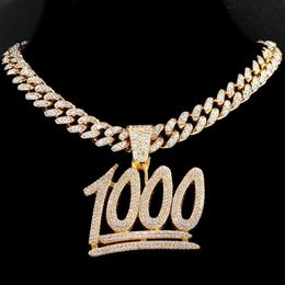 Pendant Necklaces Iced Out Shiny Crystal 1000 Number Necklace Women Men Punk 13mm Miami Cuban Link Chain Hiphop Choker Jewellery