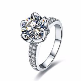 Real Solid 925 Sterling Silver Wedding Rings For Women Romantic Flower Shaped Inlay 3 Carat Diamond Engagement Ring2268